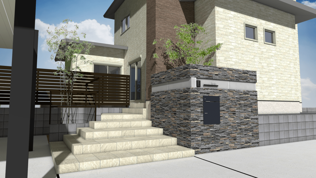 3DCADで作成した新築外構の完成予想パース。カーポートSCとL字門柱の配置を確認