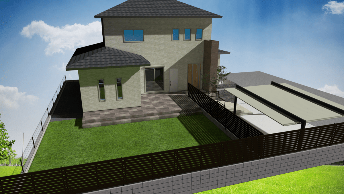 タイル階段とL字門柱の立体感を再現した3DCADパース図