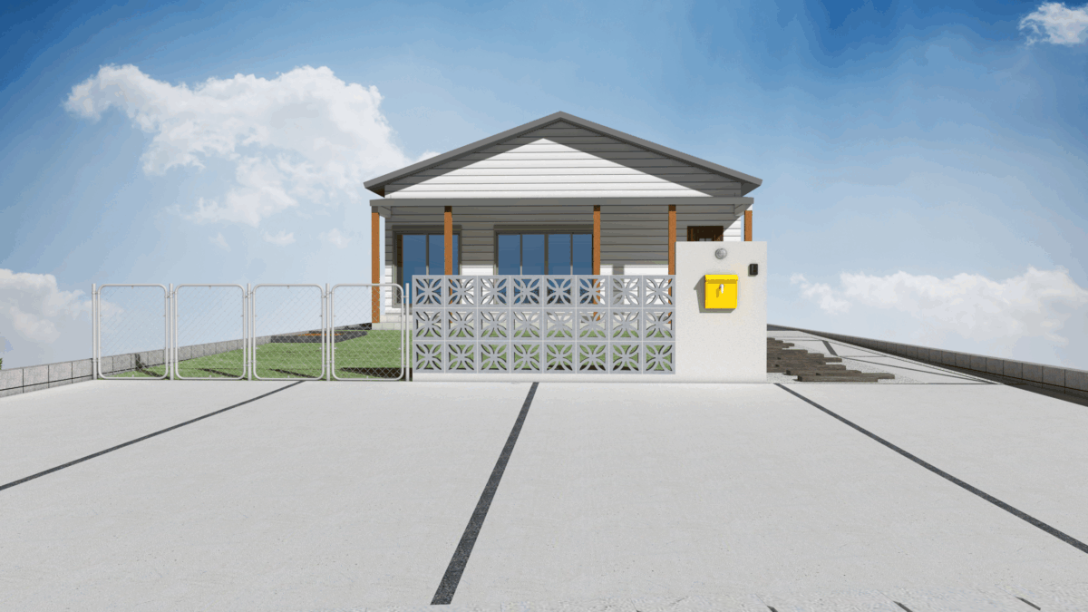 ハナブロックと門柱周りを描いた外構プランの3DCADパース図