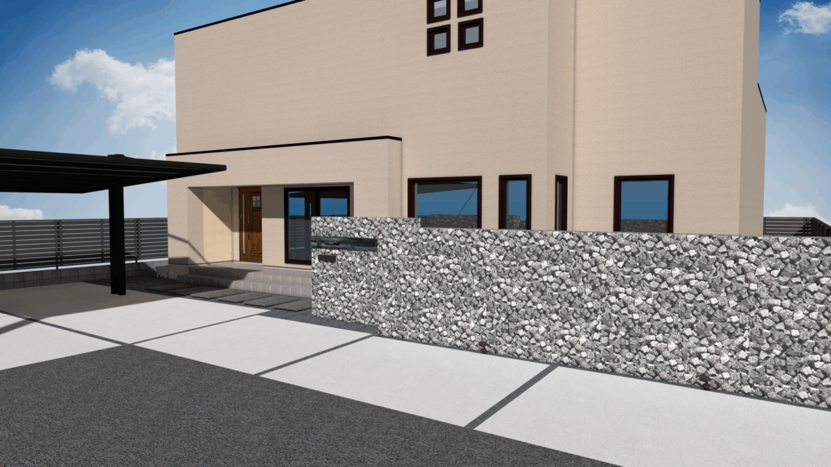 ガビオンを中心に住宅との兼ね合いを見せる3Dパース