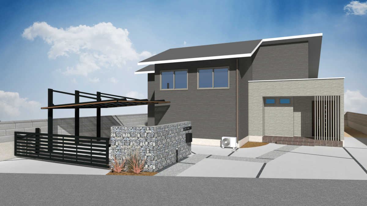 石岡市新築外構 ガビオン門柱とダブルフェースカーポートの3DCADパース全体図