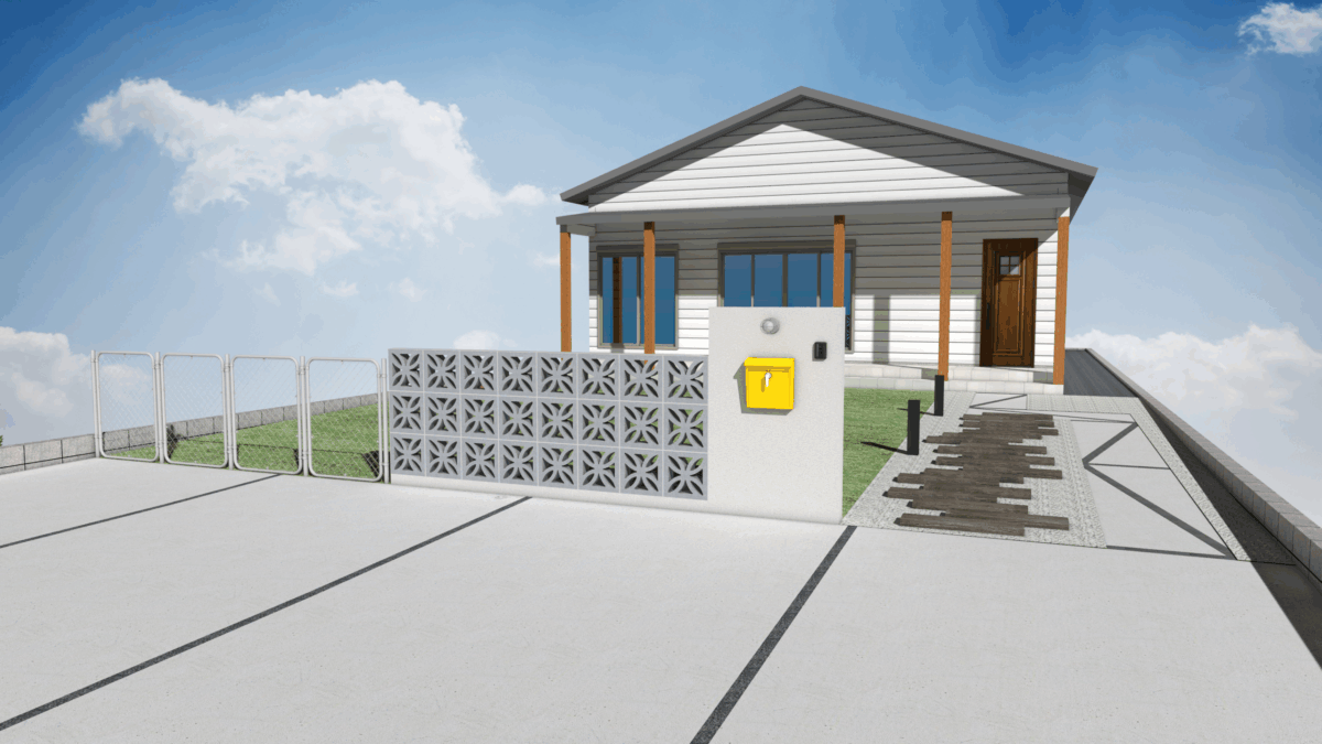 庭やアプローチ、外周フェンスを含めた全体の外構プランの3DCADパース図。