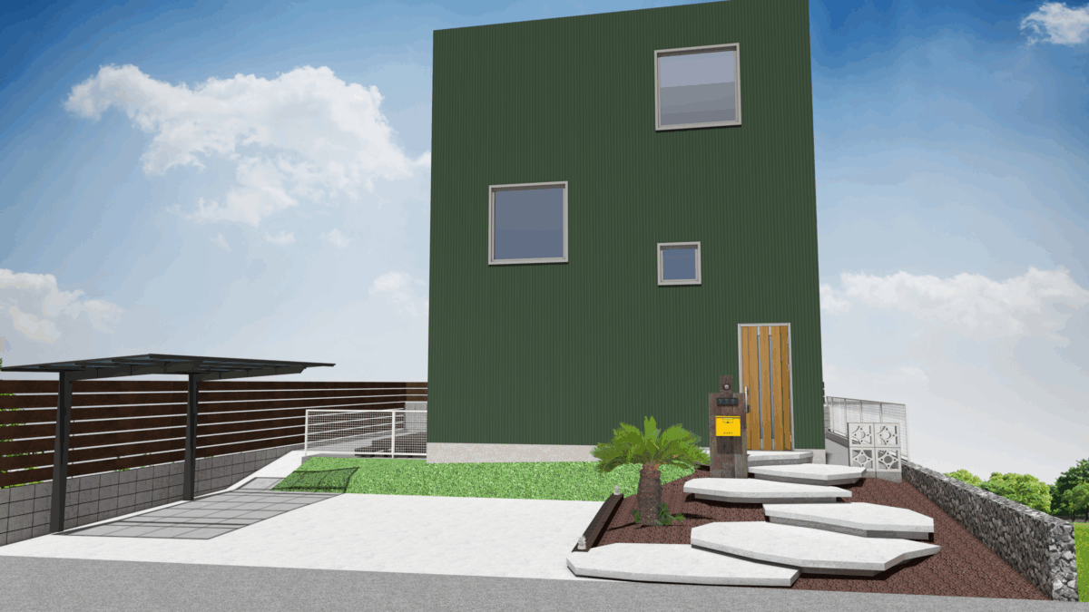 高低差を活かした浮き階段とドライガーデン風植栽が調和する新築外構パース(石岡市)