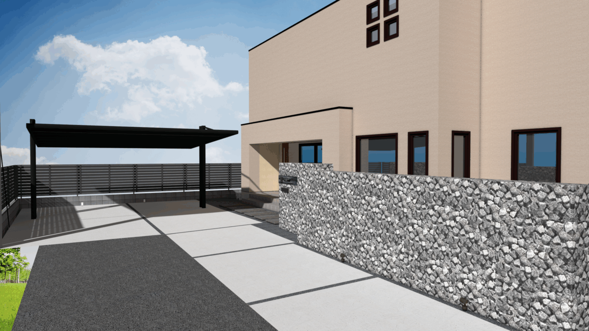 ガビオンと駐車場の関係を見せる3Dパース